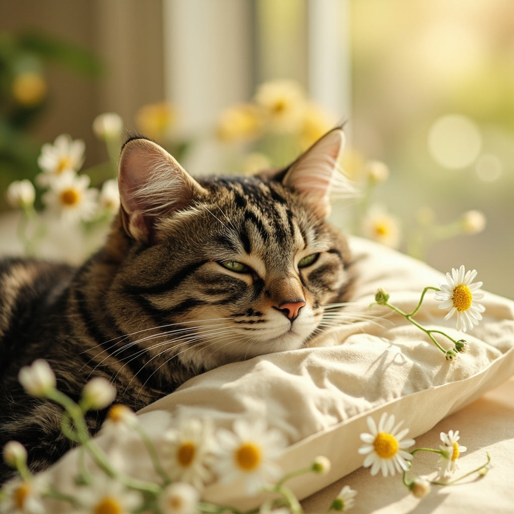 A calm tabby cat resting on a cream cushion surrounded by chamomile flowers and bitter orange blossoms in soft golden light