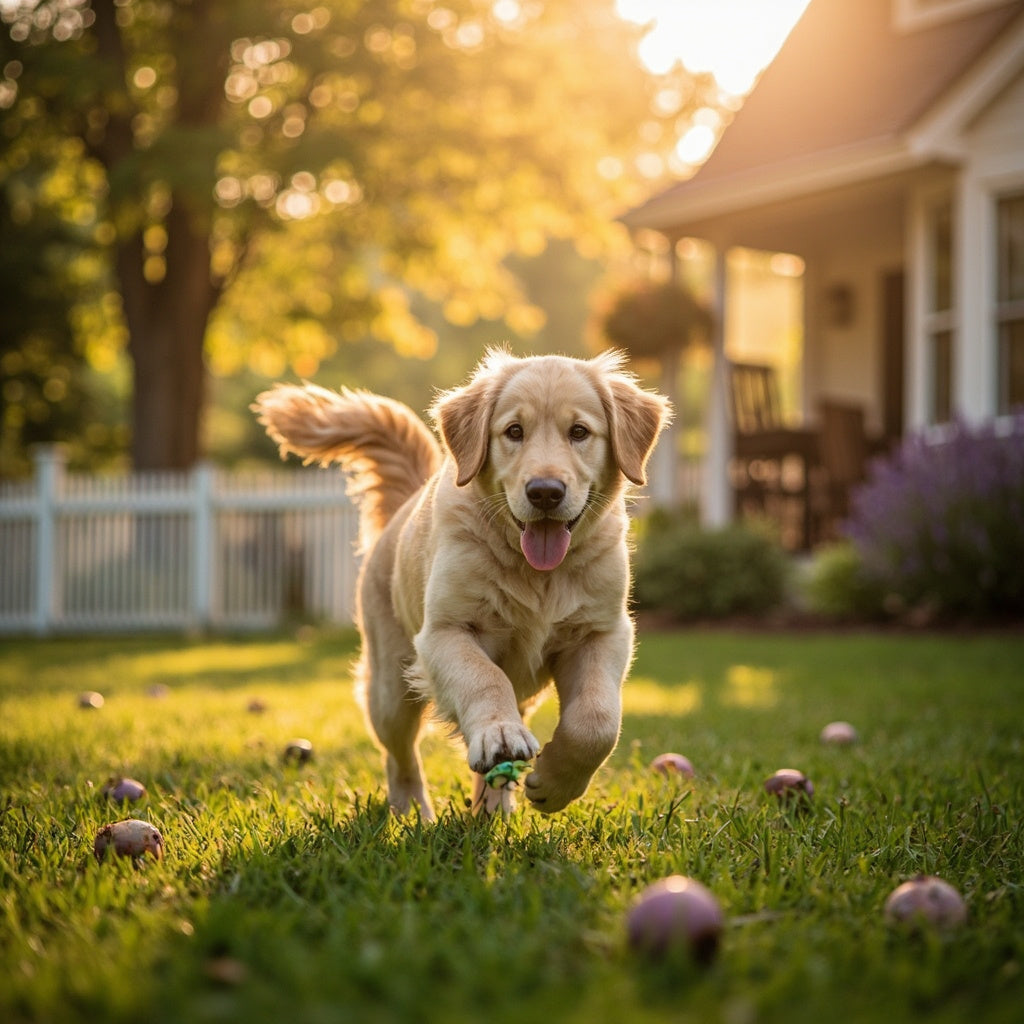 A joyful golden retriever puppy running on a sunny green lawn with blurred cottage and flowers in background