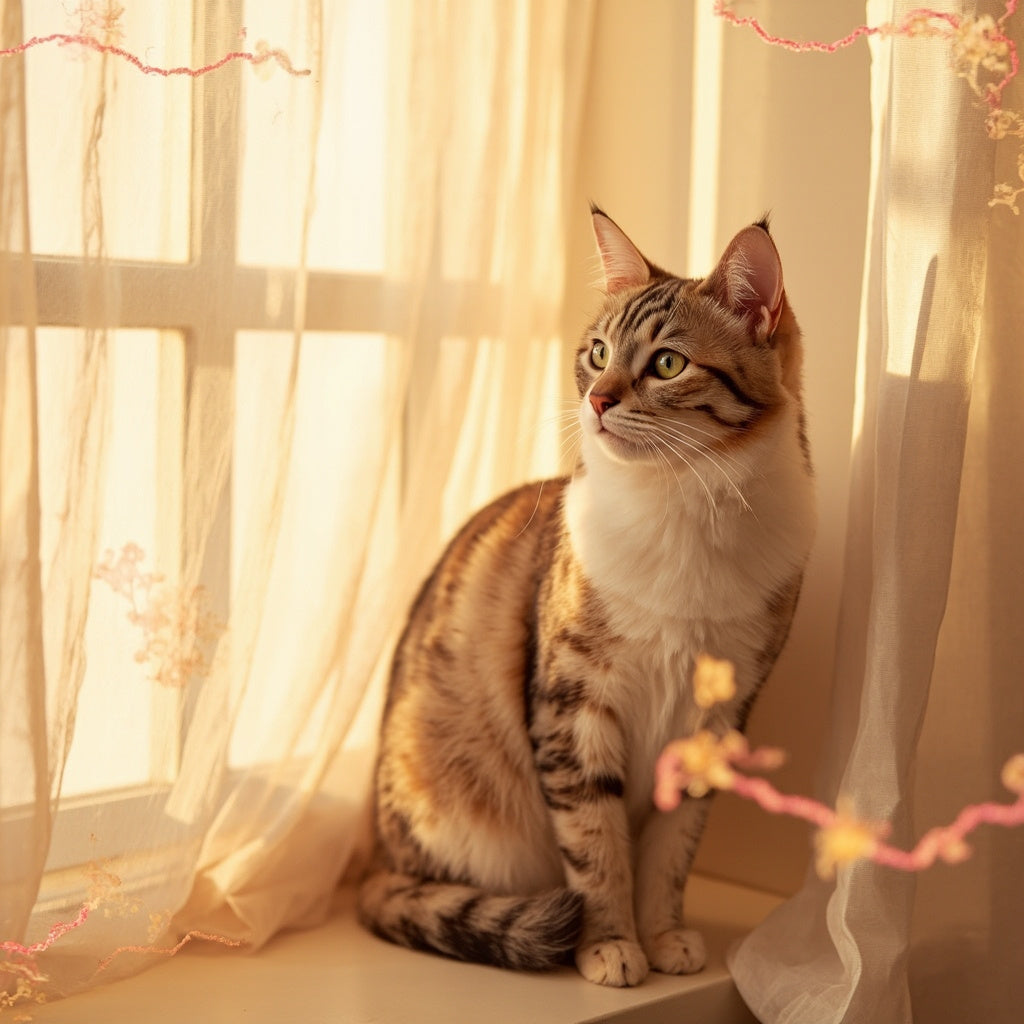 A sleek domestic shorthair cat with glossy fur sits on a sunlit windowsill, surrounded by soft pastel light and subtle collagen helix overlays
