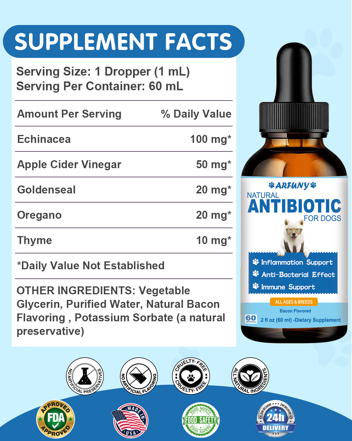 Natural Antibiotics for Dogs - 60ML Dog Antibiotic Drops - Itchy Skin Relief - Allergy Relief - Immune Support - with Organic Natural Ingredients - Bacon Flavor