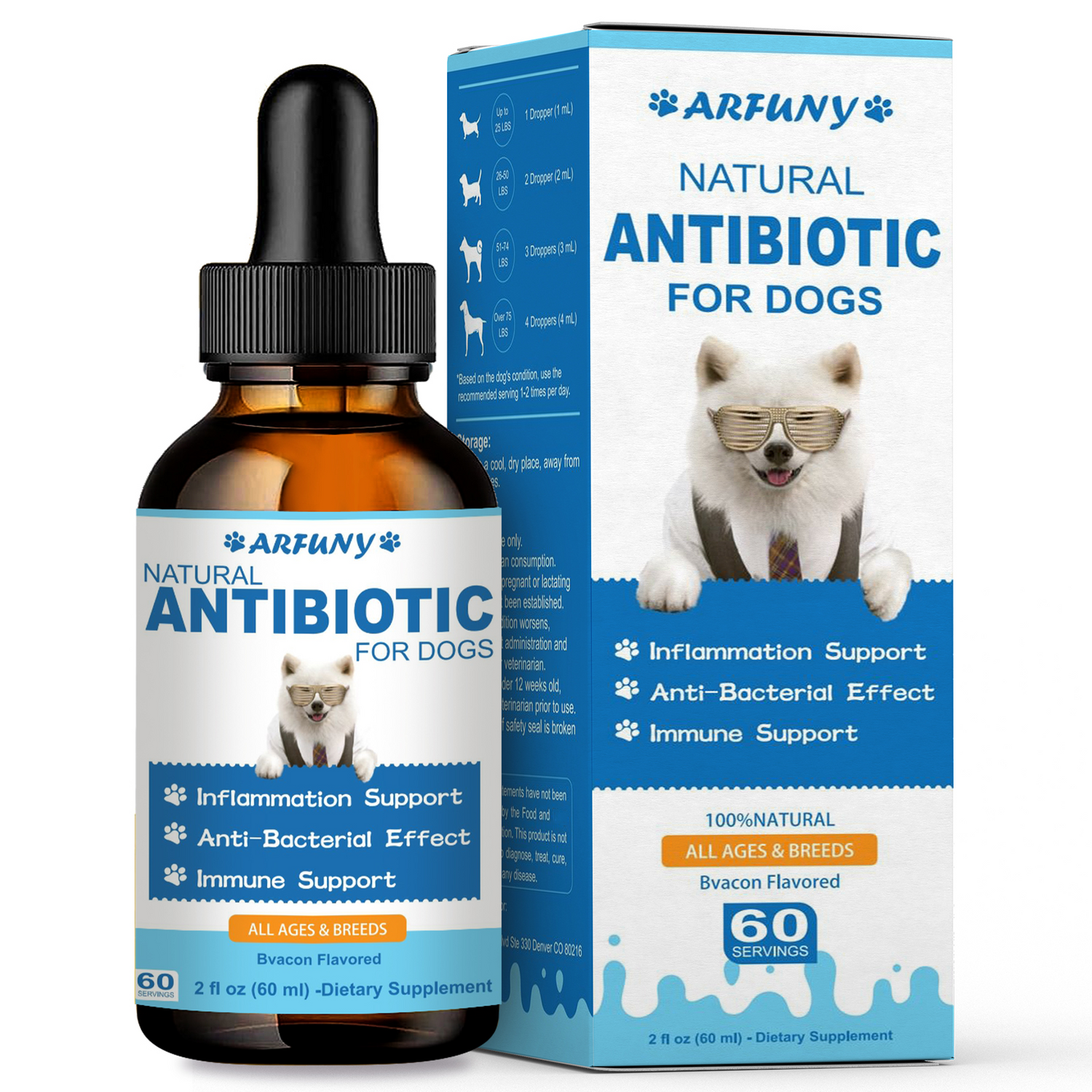 Natural Antibiotics for Dogs - 60ML Dog Antibiotic Drops - Itchy Skin Relief - Allergy Relief - Immune Support - with Organic Natural Ingredients - Bacon Flavor