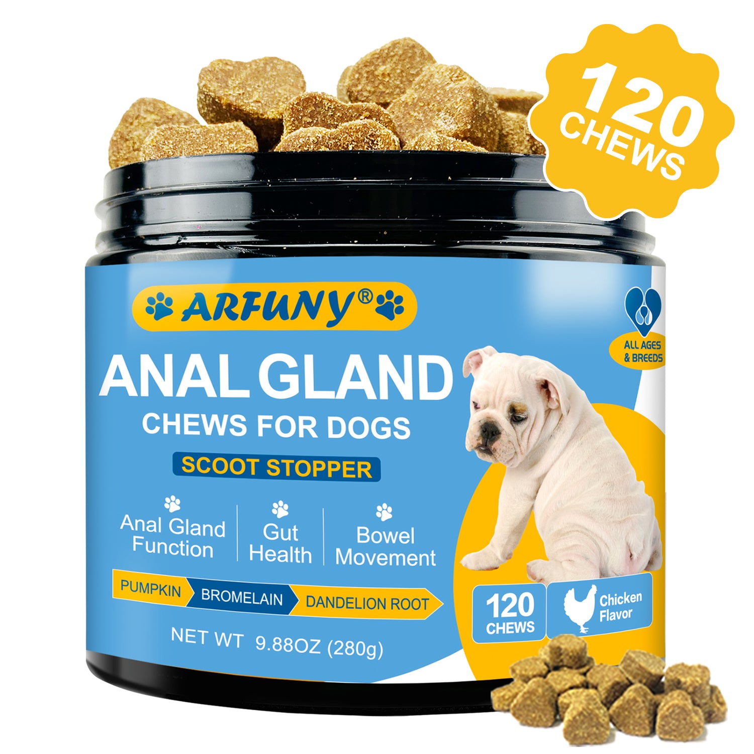Dog Anal Gland Chews - Support Healthy Bowel Function - Dog Anal Gland Supplement for Scooting - with Pumpkin Seed, Digestive Enzymes, Dandelion Root - 120 Chews, Chicken Flavor