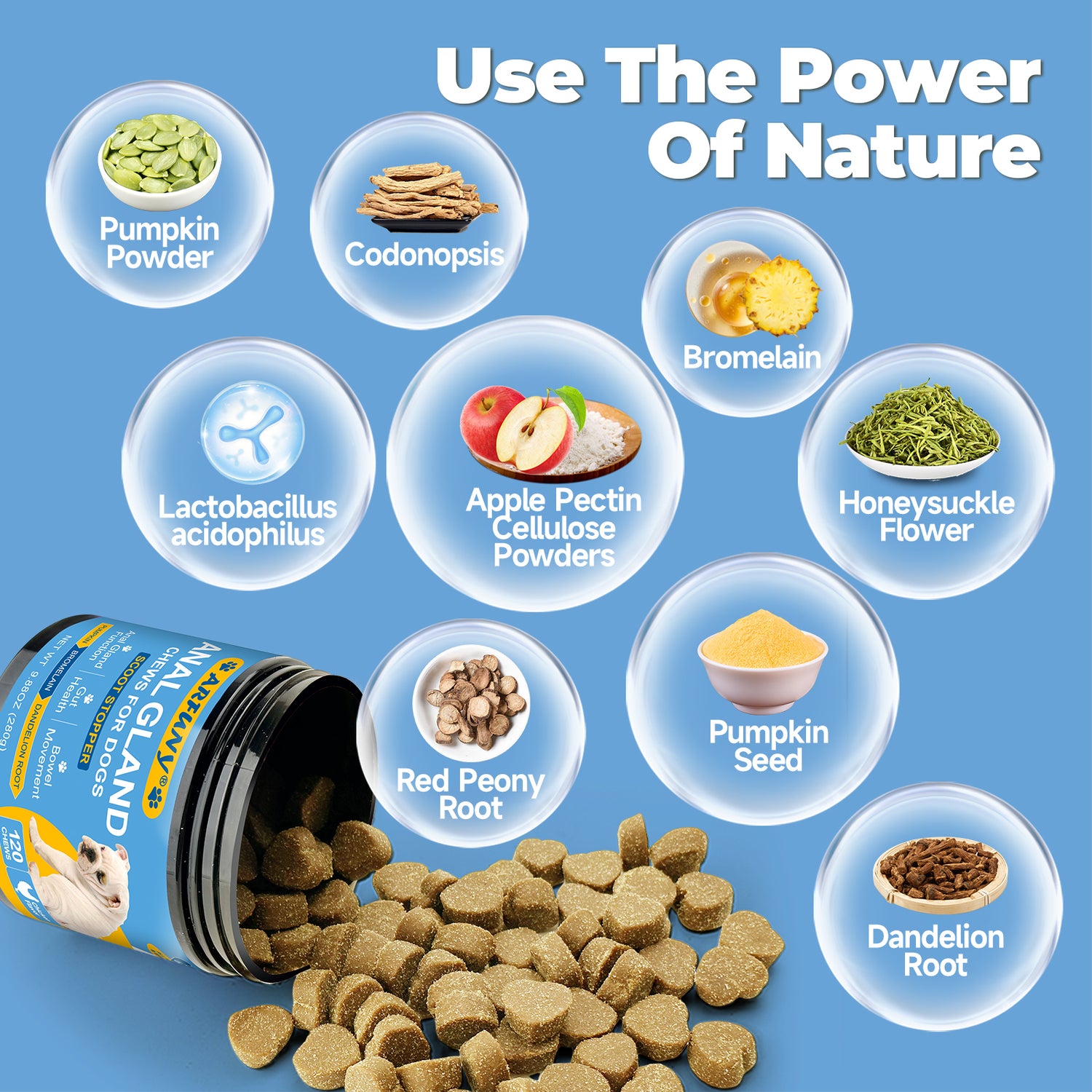 Dog Anal Gland Chews - Support Healthy Bowel Function - Dog Anal Gland Supplement for Scooting - with Pumpkin Seed, Digestive Enzymes, Dandelion Root - 120 Chews, Chicken Flavor